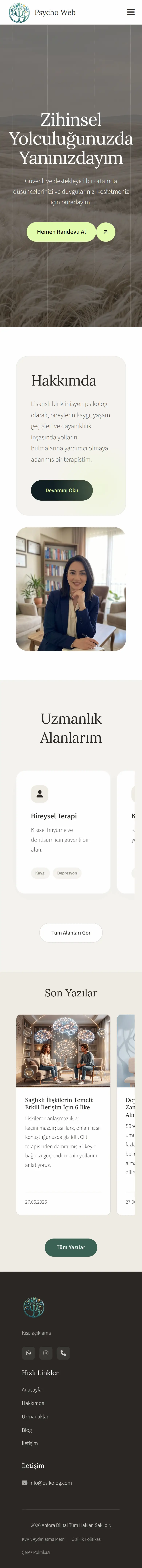 Psikolog web sitesi — mobil tam sayfa